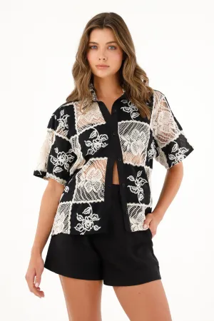 Camisa con detalles tipo croché manga corta para mujer