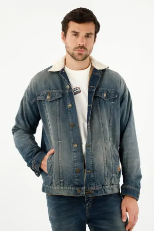 Chaqueta azul con cuello ovejero para hombre