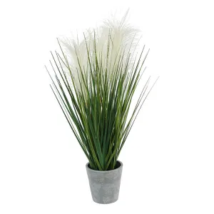 Herbe artificielle et plume dans un pot gris 22 po